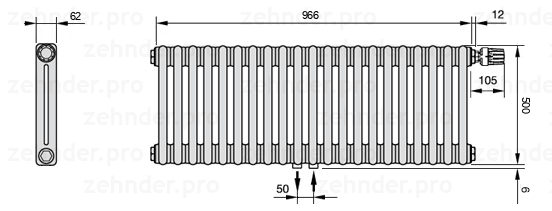 Схема (чертеж) Радиатор Zehnder Charleston 2050/21 №V008 Белый глянцевый RAL 9016